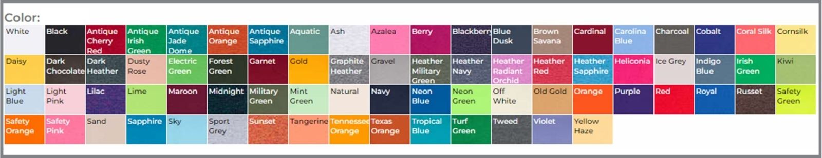 T-Shirt Color Chart